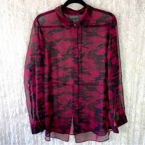NWT LANE BRYANT CHIFFON SEMI-SHEER WINE-COLORED CAMO BUTTON DOWN BLOUSE